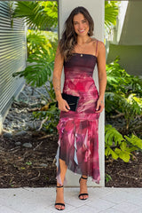 Black Printed Asymmetrical Ruffled Dress