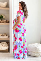 Chambray Floral Maternity Maxi Dress with Self Tie
