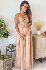 Champagne Glitter Top Maternity Tulle Maxi Dress
