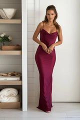 Burgundy Silky Satin V Back Maxi Dress