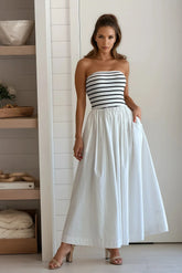 White Striped Strapless Flowy Midi Dress