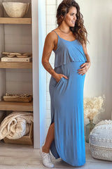 Chambray Maternity Maxi Dress with Side Slits