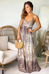 Cream And Navy Printed Maxi Dress with Open Back