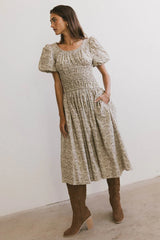 Lucille Smocked Floral Dress in Olive FINAL SALE