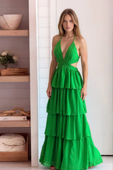 Green Layered Maxi Dress With Cut Outs