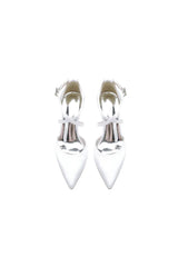 White Satin Pump with Cross Strap and Metal Accent