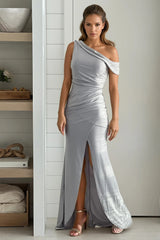 Silver One Shoulder Maxi Dress With Slit
