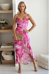 Pink Floral Mesh Dress With Ruffled Slit