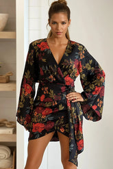 Black Floral Satin Wrap Mini Dress