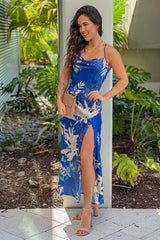 Navy Floral Satin Dress With Slit