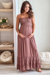 Mocha Maternity Maxi Dress With Smocked Top