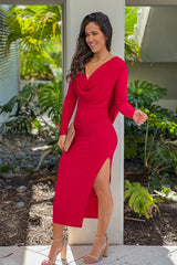 Red Cowl Neck And Back Midi Dress With Slit