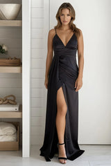 Black Pleated Waist Train Maxi Dress With Slit
