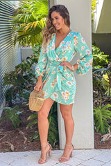 Mint Floral Satin Wrap Detail Short Dress