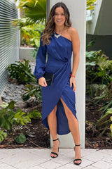 Navy One Shoulder Satin Midi Dress