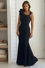 Black Layered Ruffled One Shoulder Maxi Dress