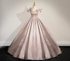 Elegant Ball Gown Pink Beaded Floral Appliques Quinceanera Dress