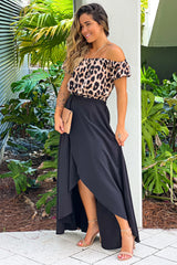 Black And Leopard Off Shoulder High Low Dress