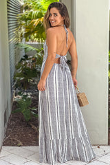 Off White Printed Maxi Dress With Open Back