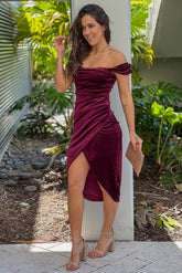Burgundy Velvet Glitter Off Shoulder Midi Dress
