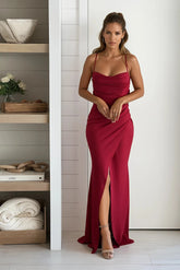 Red Pleated Cowl Neck Maxi Dress