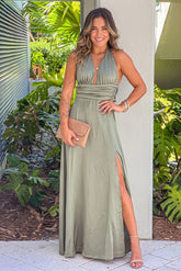 Sage Satin Halter Neck Maxi Dress