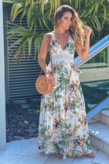 Ivory Printed Maxi Dress With Crochet Trim And Open Back