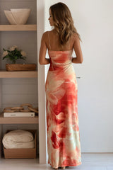 Orange Floral V Neck Maxi Dress
