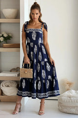 Navy Printed Smocked Top Midi Dress