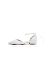 Pointed Toe Ankle Strap Pearl Beaded Ivory Ribbons Low Heels