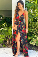 Black And Red Floral Halter Neck Maxi Dress With Slit