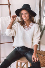 Cream Sweater with Floral Lace Detail