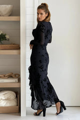 Black Floral Long Sleeve Ruffle Slit Maxi Dress