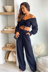 Black Smocked Long Sleeves Top and Pants Set