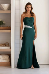 Hunter Green Maxi Dress With Rhinestone Waist Detail And Slit