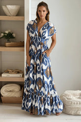 Blue Printed V Neck Maxi Dress