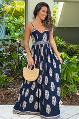 Navy And Taupe Printed Maxi Dress With Open Back