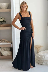 Black Jersey Ruched Maxi Dress With Slit
