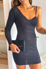 Black Glitter One Shoulder Short Dress