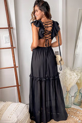 Black Maxi Dress With Cut Out And Lace Up Back