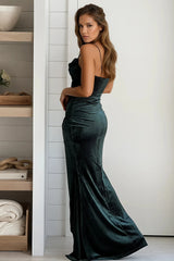 Hunter Green Velvet Pleated Wrap Maxi Dress