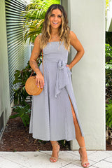 Black Striped Midi Dress With Pockets
