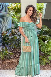 Green Striped Off Shoulder Maxi Dress
