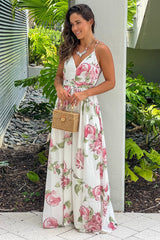 White And Fuchsia Floral Maxi Dress With Lace Back
