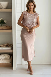 Champagne Sequined Top Satin Midi Dress