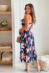 Navy Printed Pleated Midi Dress