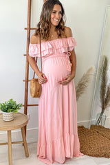 Pink Off Shoulder Waist Tie Maternity Maxi Dress