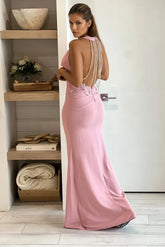 Light Rose Maxi Dress With Rhinestone Multi Strap Back