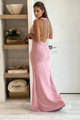 Light Rose Maxi Dress With Rhinestone Multi Strap Back