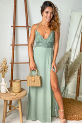 Sage Crochet Top Maxi Dress With Slit